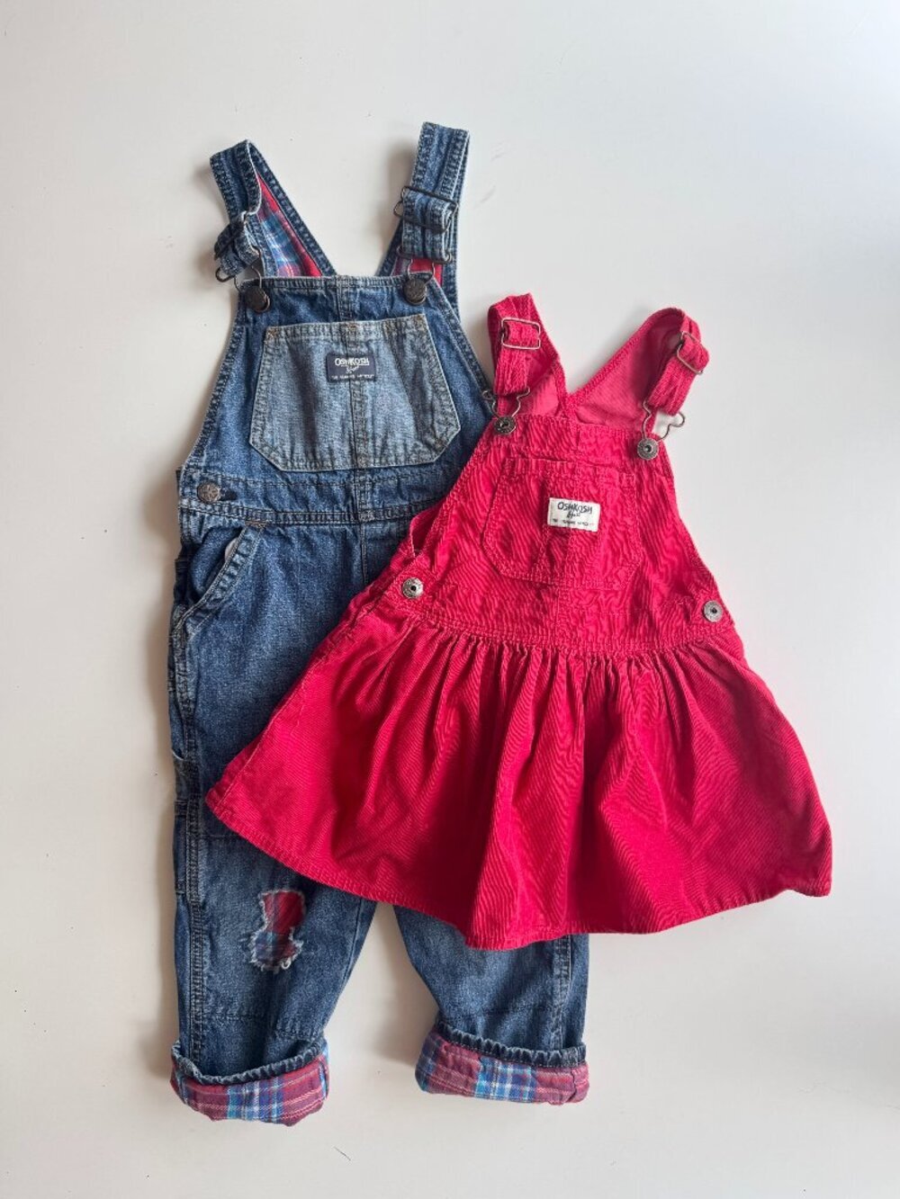 Lot of 2 Girls' OSHKOSH B'GOSH Denim Red Corduroy Overalls Skirtalls, Size 3T